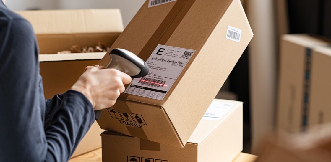 Delivery worker scanning package in warehouse